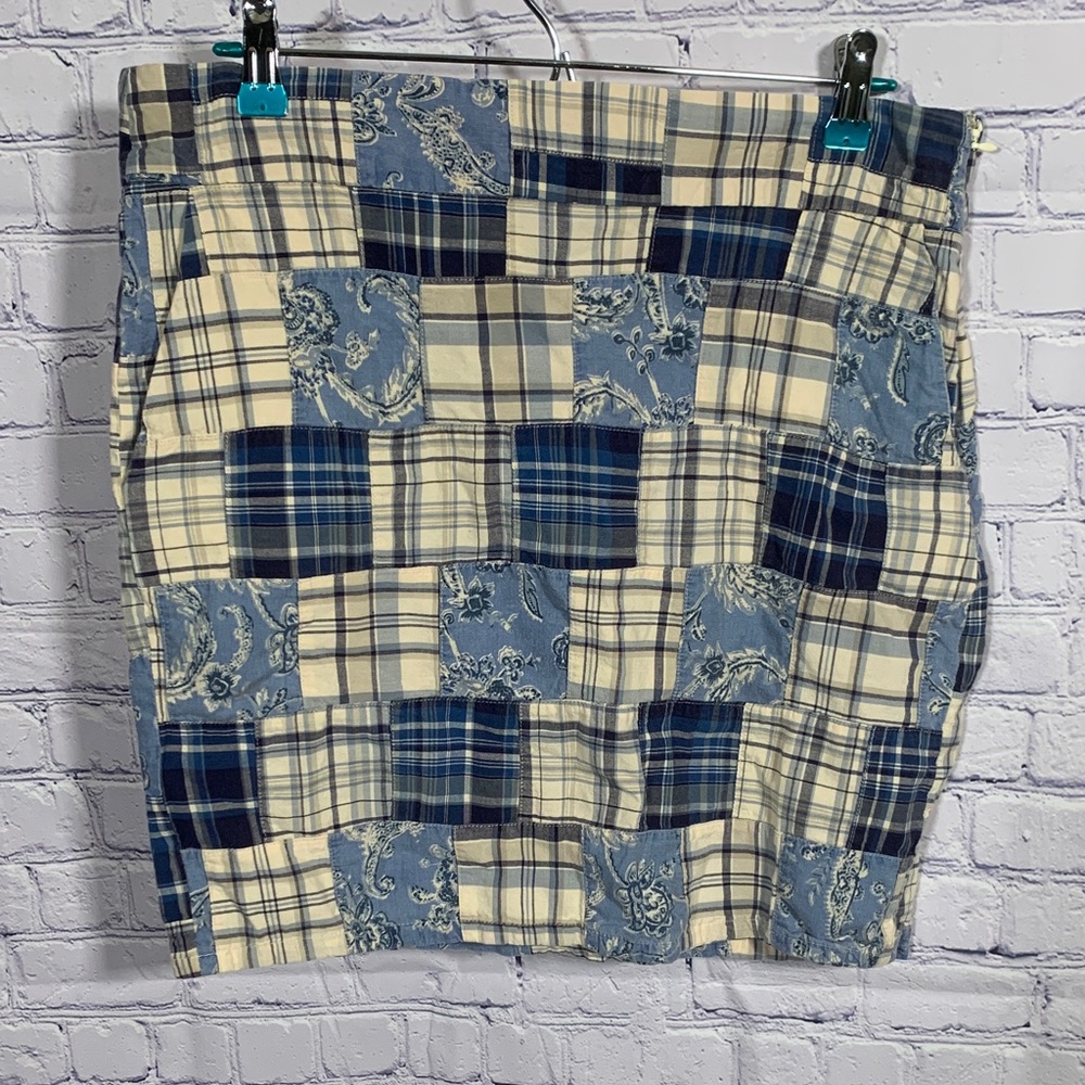 American Living Women Patchwork Mini Skirt Blue Cream Sz 8 Plaid Paisley Cottage
